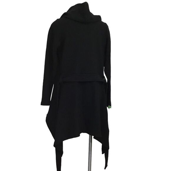 Marcellamoda Black Hooded Belted Wrap Asymmetrical Hem Sweater Size Medium - Picture 4 of 15